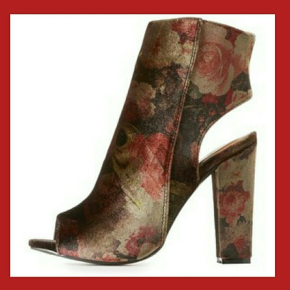 ❤BLACK & RED VELVET FLORAL PEEP-TOE BOOTIE-NIB❤ - Picture 4 of 4