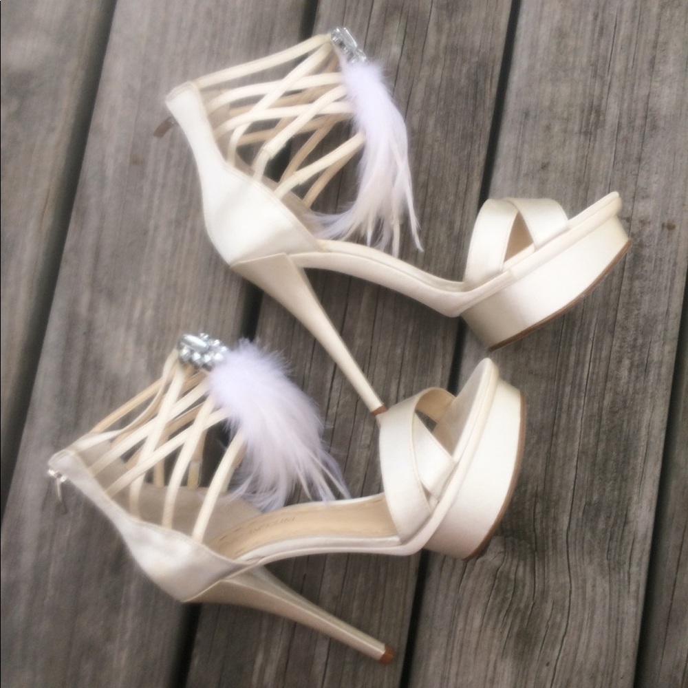 White satin strappy bedazzled open toe heels