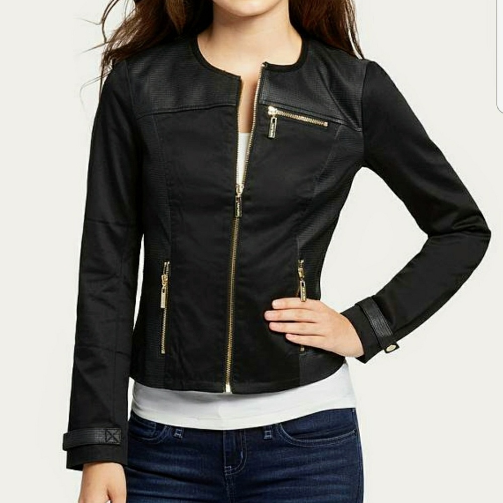 G by GUESS Black Quilted Faux Leather Panel Jacket