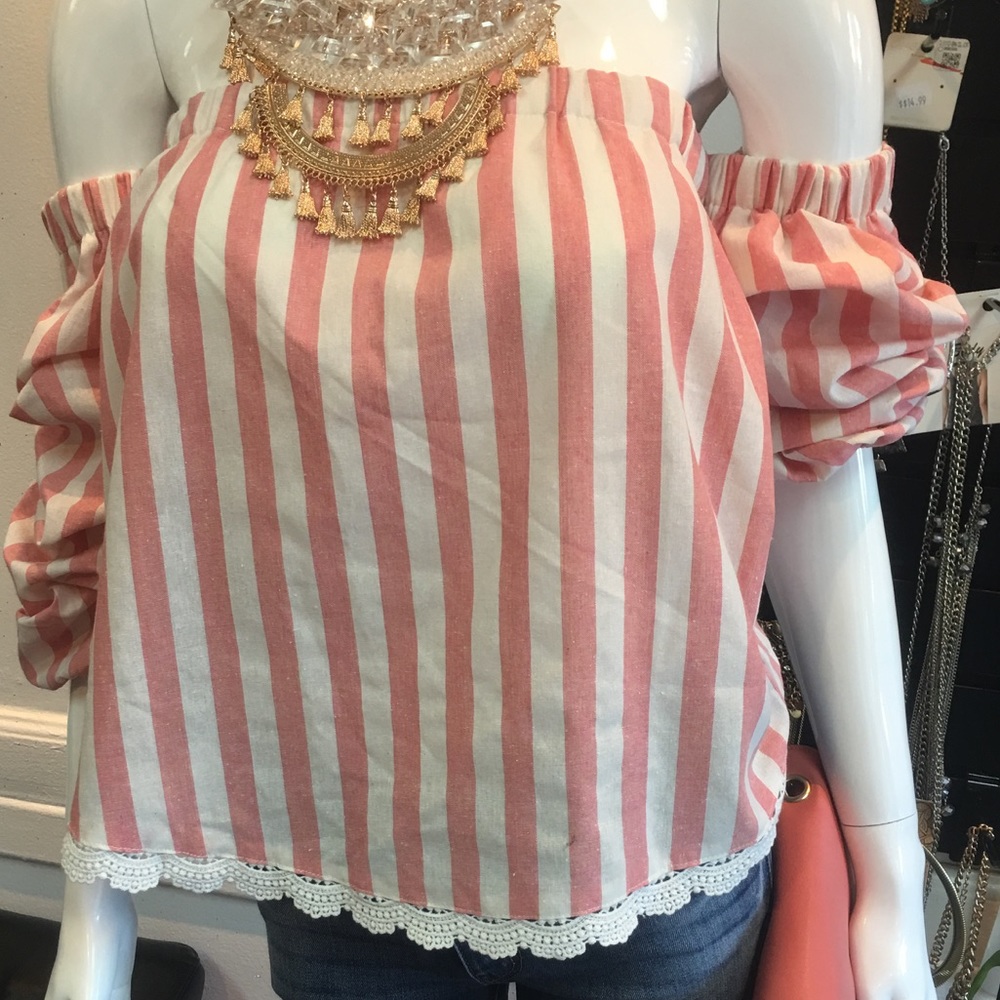 Pink and white stripes off the shoulder shirt