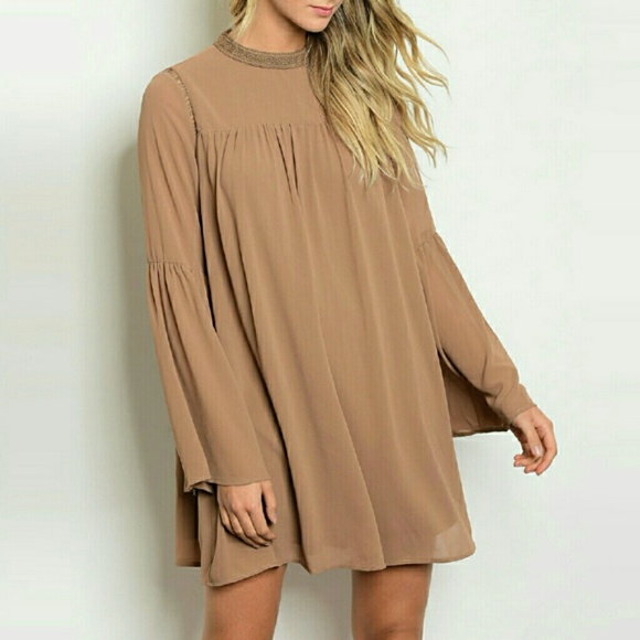 Boho Mock Neck Shift Bell Sleeve Tunic Dress - Picture 1 of 4