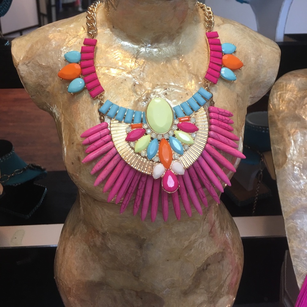 Pink, teal, orange and yellow diamond necklace