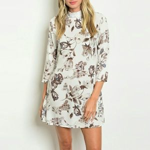 Ivory Cream Mock Neck 3/4 Sleeve Tunic Dress