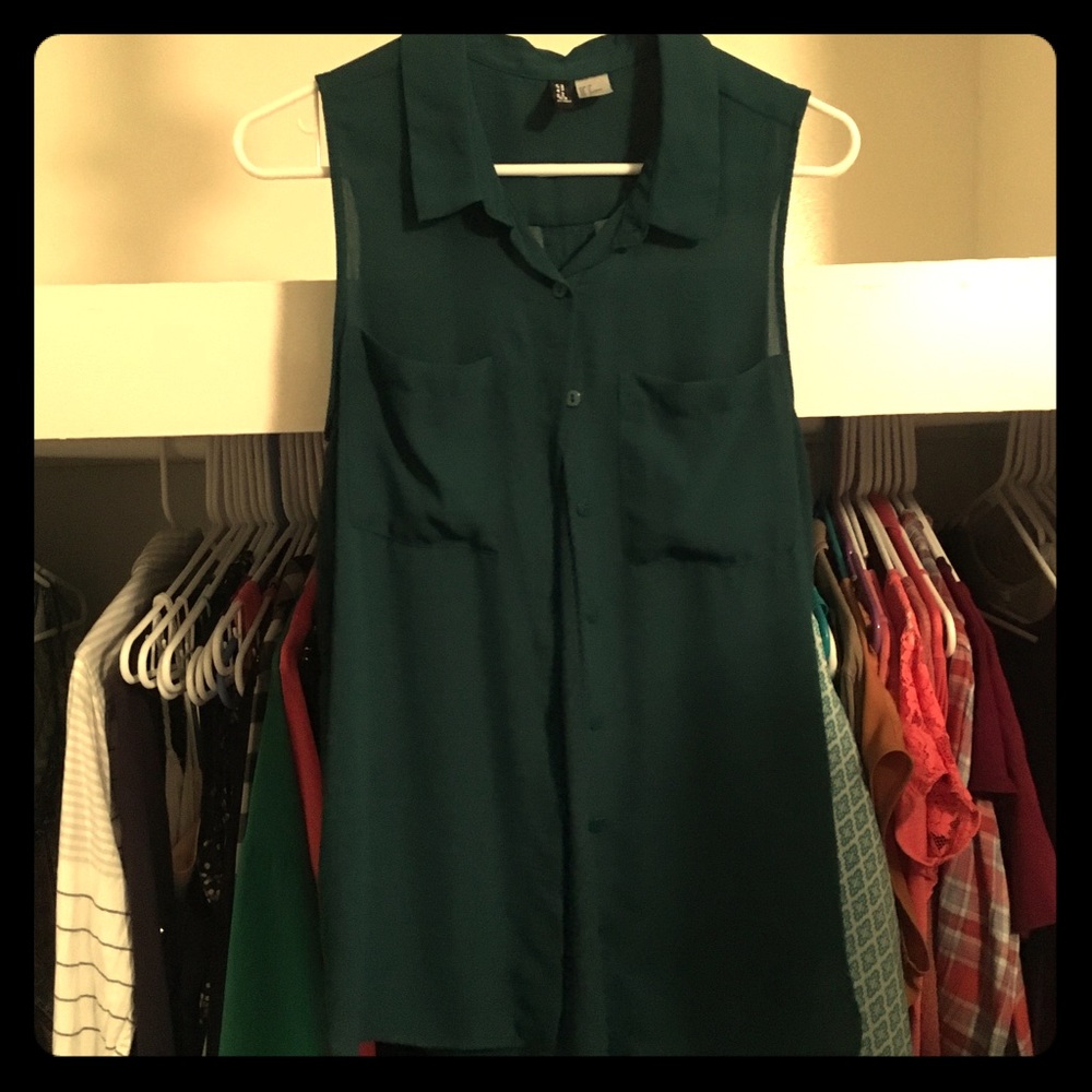 Green button down work blouse