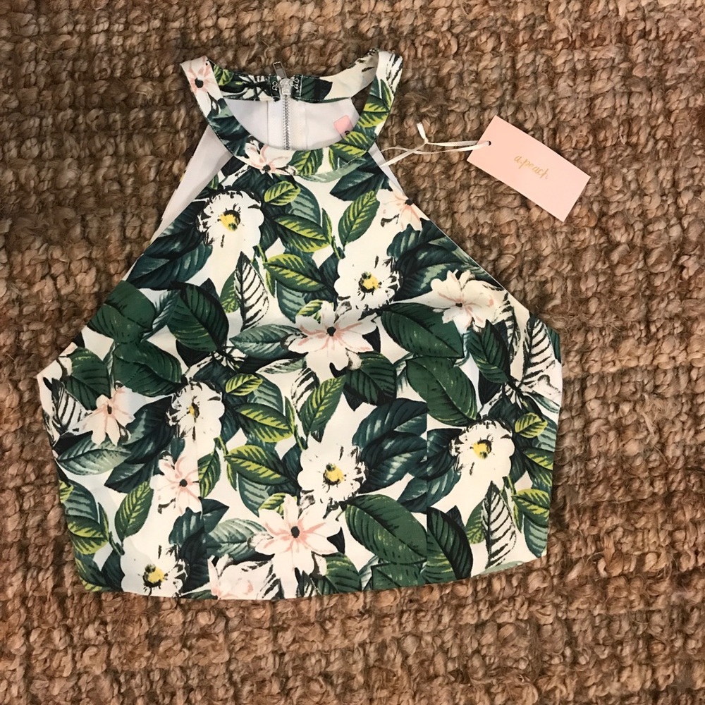 High Neck Floral Crop Top, With Back Zipper