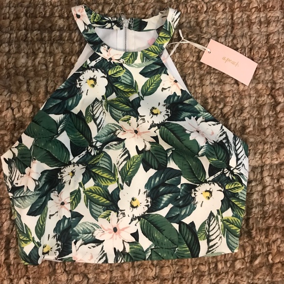 High Neck Floral Crop Top, With Back Zipper - Picture 2 of 6