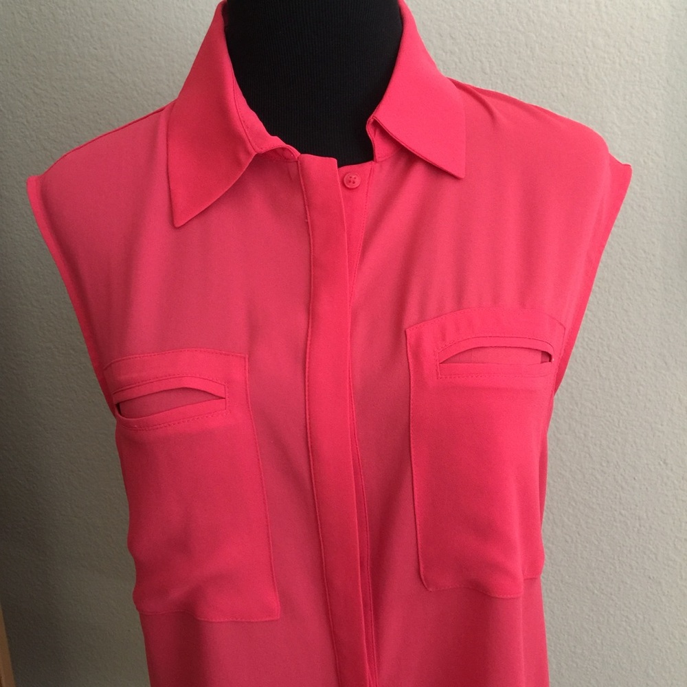 Bright reddish pink button down sleeveless blouse