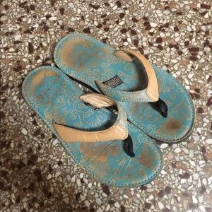 TEVA #6160 Leather Flip Flops Tan/Turquoise Sz 8