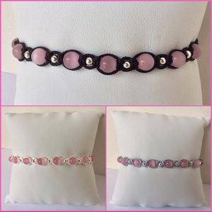 Sterling Silver Pink Cat's Eye Macrame Bracelet