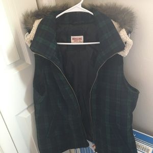 Flannel vest with fur hood