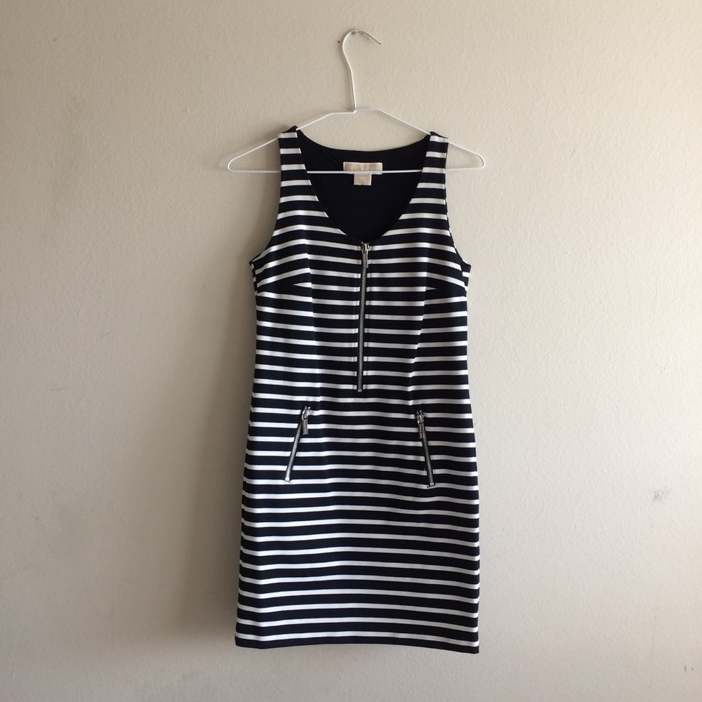 Michael Kors navy striped zipper sleeveless dress