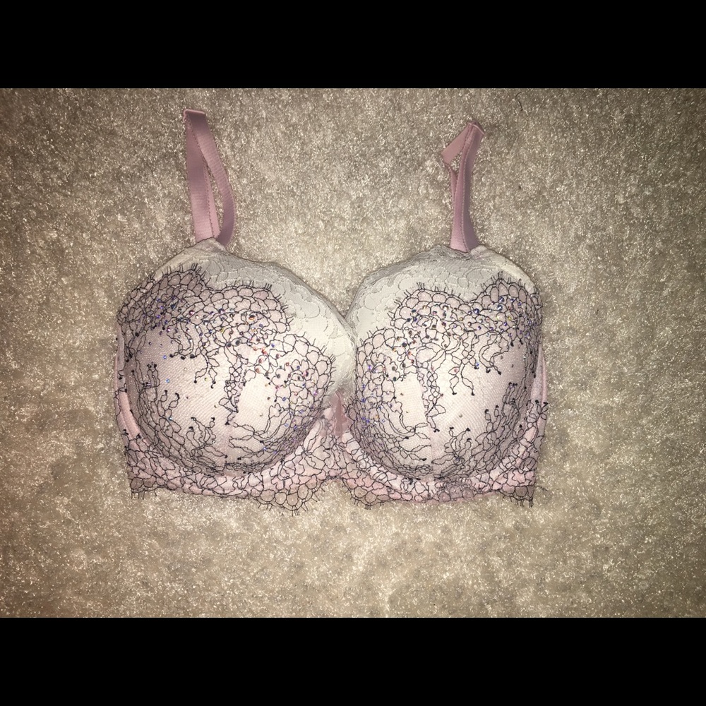 Victoria Secret Black & Pink Rhinestone Bra