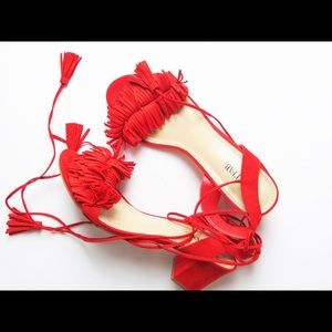 Fringe block heel sandals