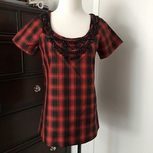 NWT J.Crew Eliza Plaid Silk Jeweled Top Sz 0