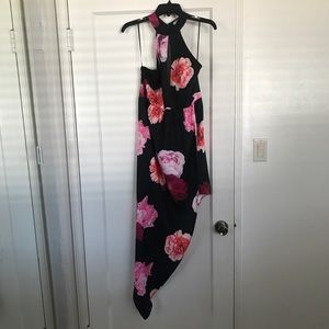 Black & red pink flower open front dress