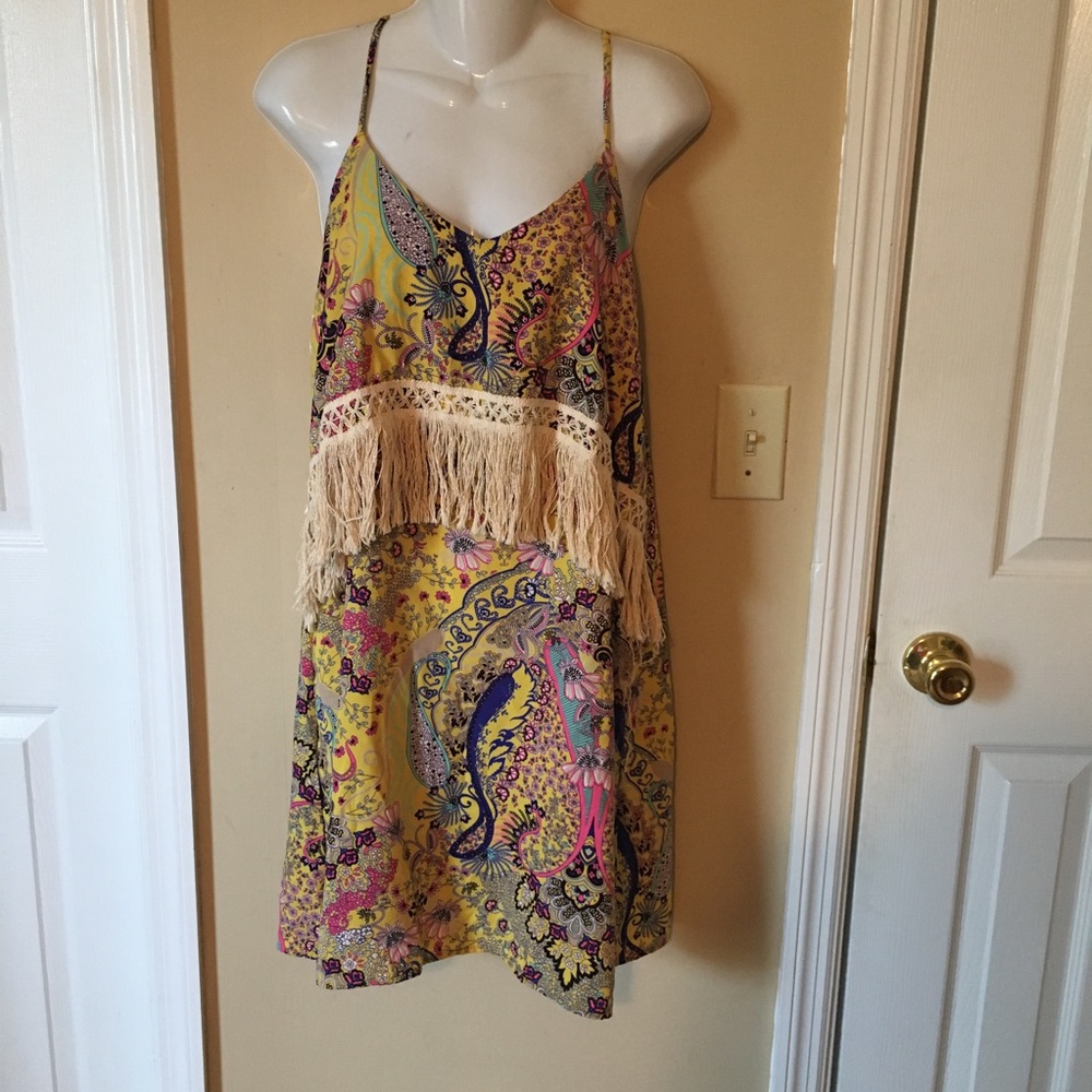 Black Bead Boutique Dress New   Boho Fringe Large