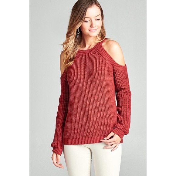 SOLD OUT! Cold Shoulder Knit Sweater - Brick - Picture 2 of 4