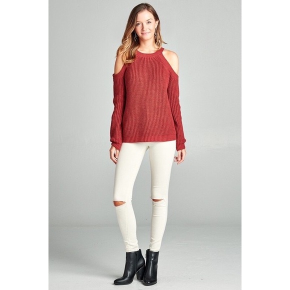SOLD OUT! Cold Shoulder Knit Sweater - Brick - Picture 3 of 4