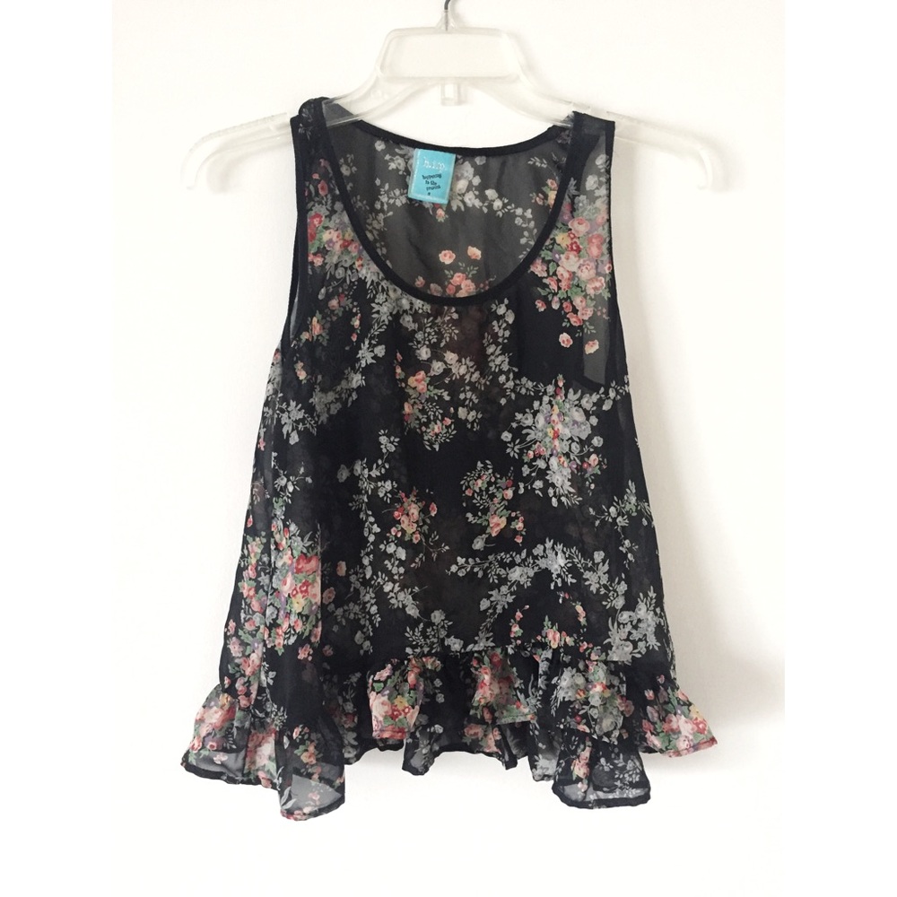 Semi-Sheer Floral Black Peplum Top
