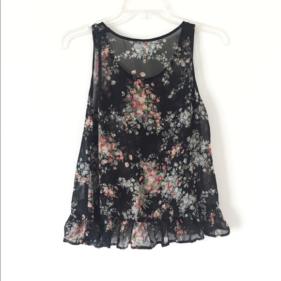 Semi-Sheer Floral Black Peplum Top - Picture 2 of 4