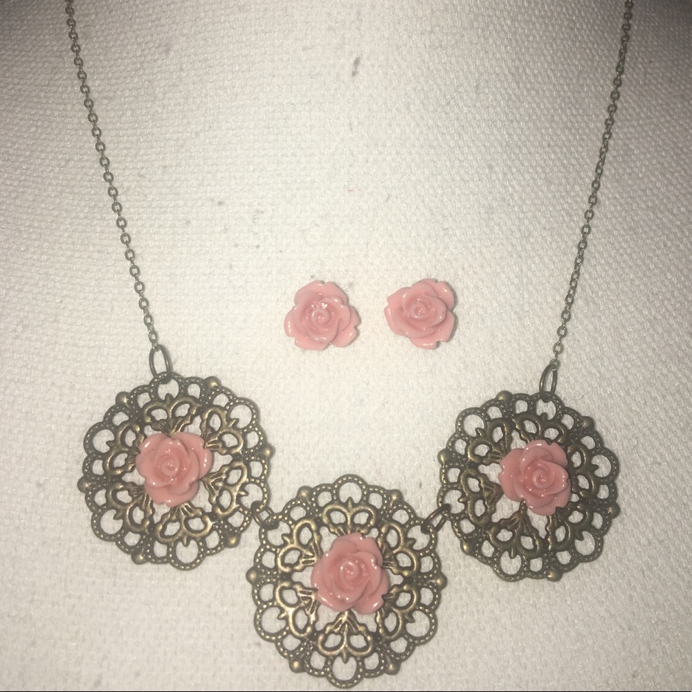 pink rose filigree earring and necklace set