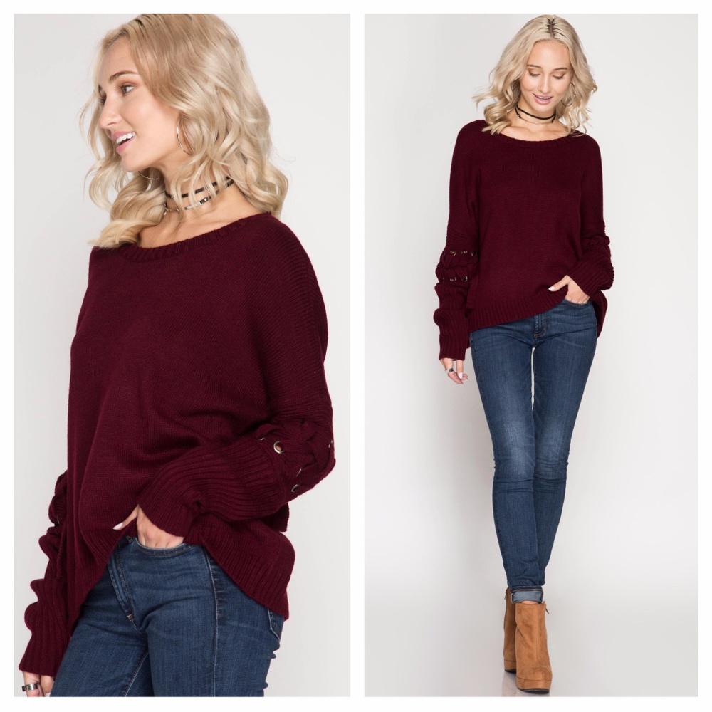Burgundy Sweater With Grommet Lacing On Sleeves - Picture 2 of 3