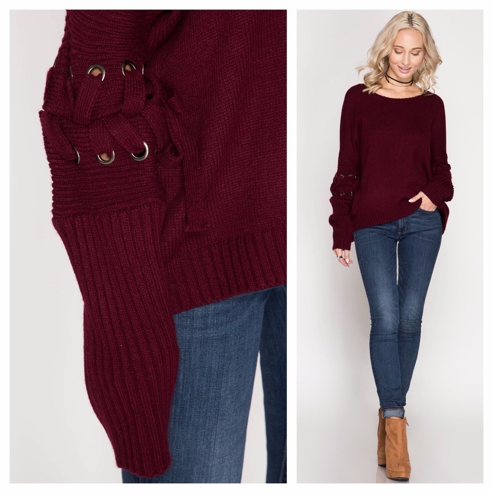 Burgundy Sweater With Grommet Lacing On Sleeves - Picture 3 of 3
