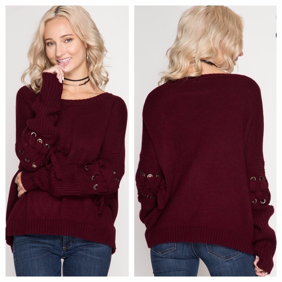 EVIEcarche Sweaters - Burgundy Sweater With Grommet Lacing On Sleeves