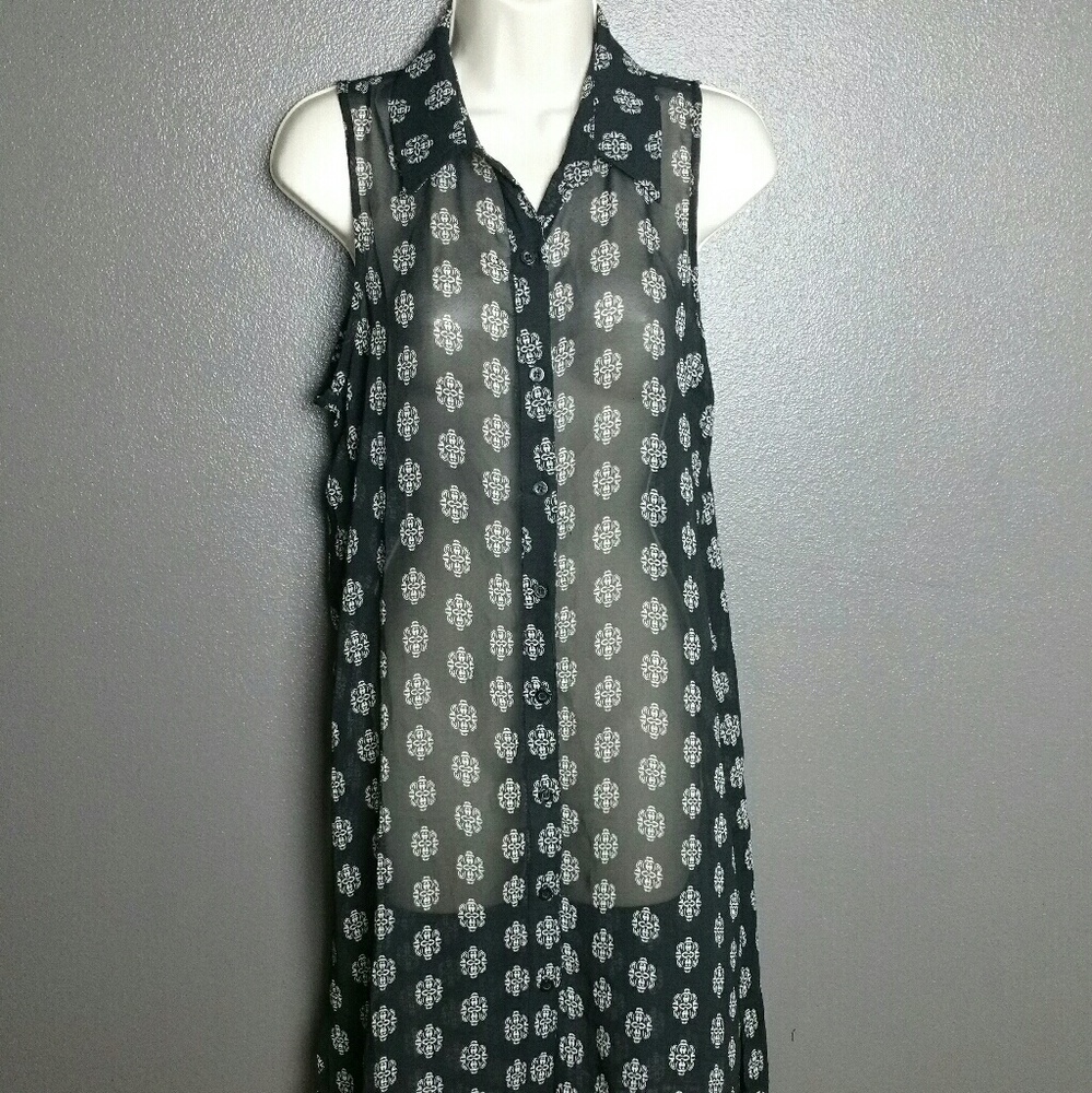 Sleeveless Black Sheer Printed Tunic Blouse Sm/Med