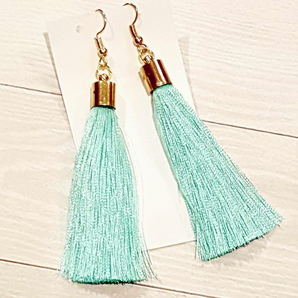 Mint & Gold Tassel Earrings - Picture 2 of 2
