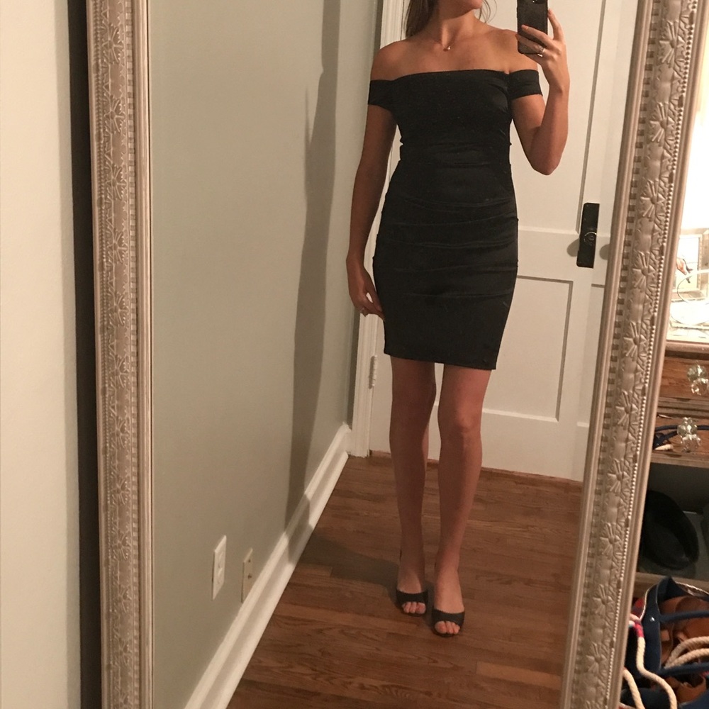 Betsy & Adam Black off the shoulder formal dress