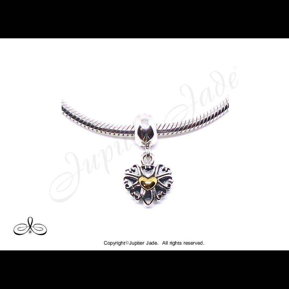 925 Sterling Silver Vintage 14kt Gold Plated Heart Dangle Charm - Pandora Style - Picture 1 of 2