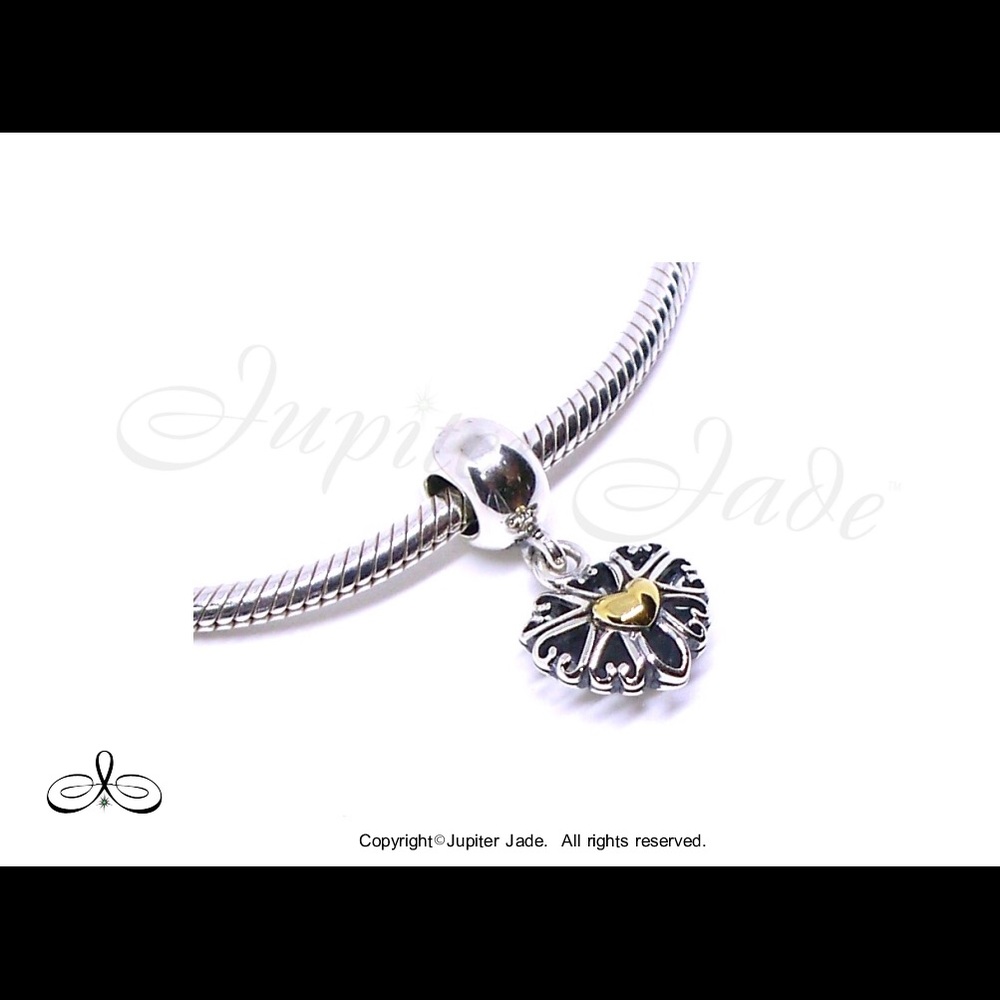 925 Sterling Silver Vintage 14kt Gold Plated Heart Dangle Charm - Pandora Style - Picture 2 of 2