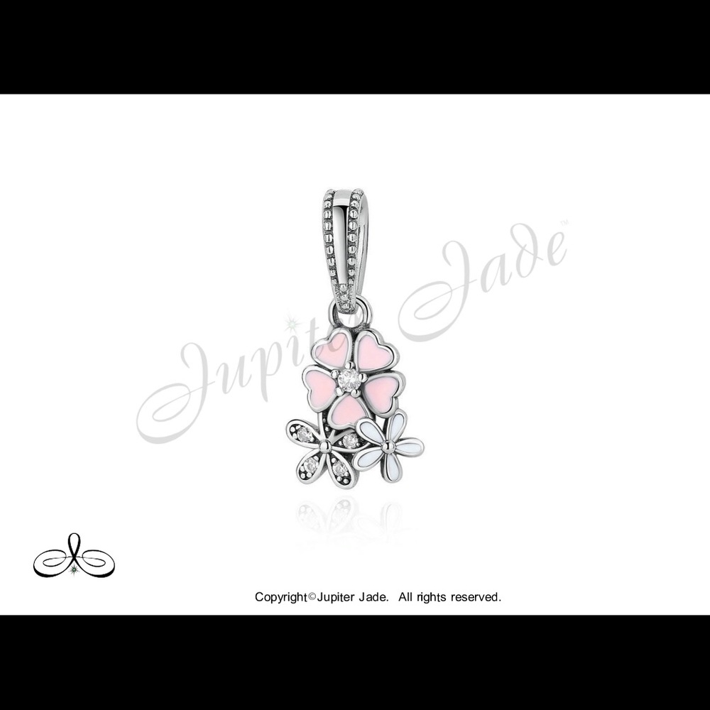 925 Silver Pink Flower Dangle charm - Fits Pandora