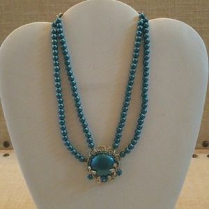 Retro Double Strand Necklace w/Blue Rhinestones