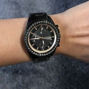 Women's Black and Rose Gold Fossil Watch