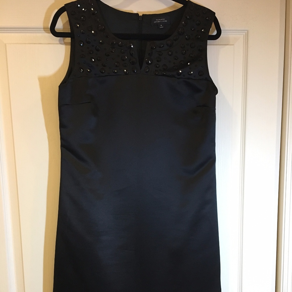 Black Satin Tahari Dress with Gems