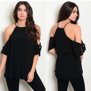 Last 1! 🌟Black Cold-shoulder Tie Sleeve Top