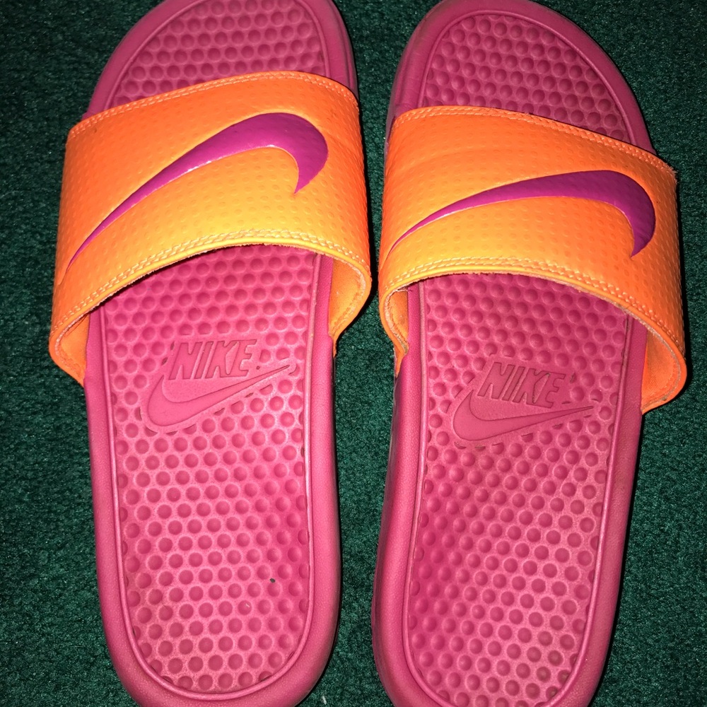Pink/ orange Nike slides