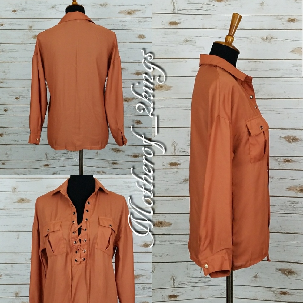 💥LAST ONE🏆HOST PICK🏆RUST/BROWN "LACE UP" BLOUSE - Picture 4 of 5