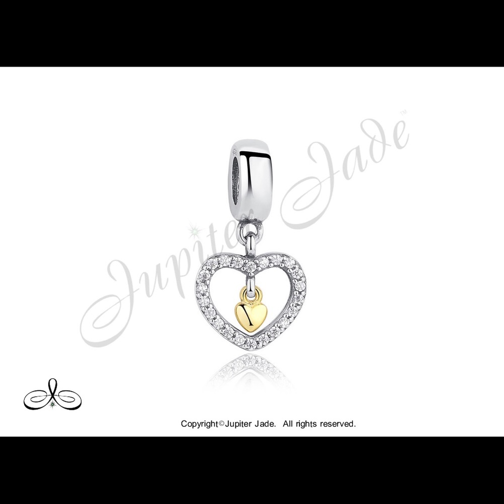 925 Sterling Silver 14kt Gold Plated Heart Dangle Bracelet Charm - Pandora Style - Picture 1 of 1