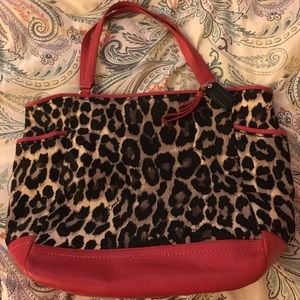 Authentic Coach Red Leather Leopard Shoulder Bag