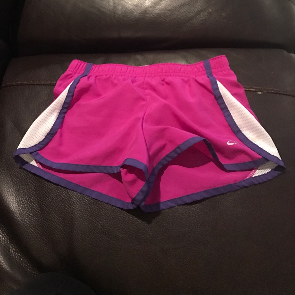 Magenta, champion athletic shorts.