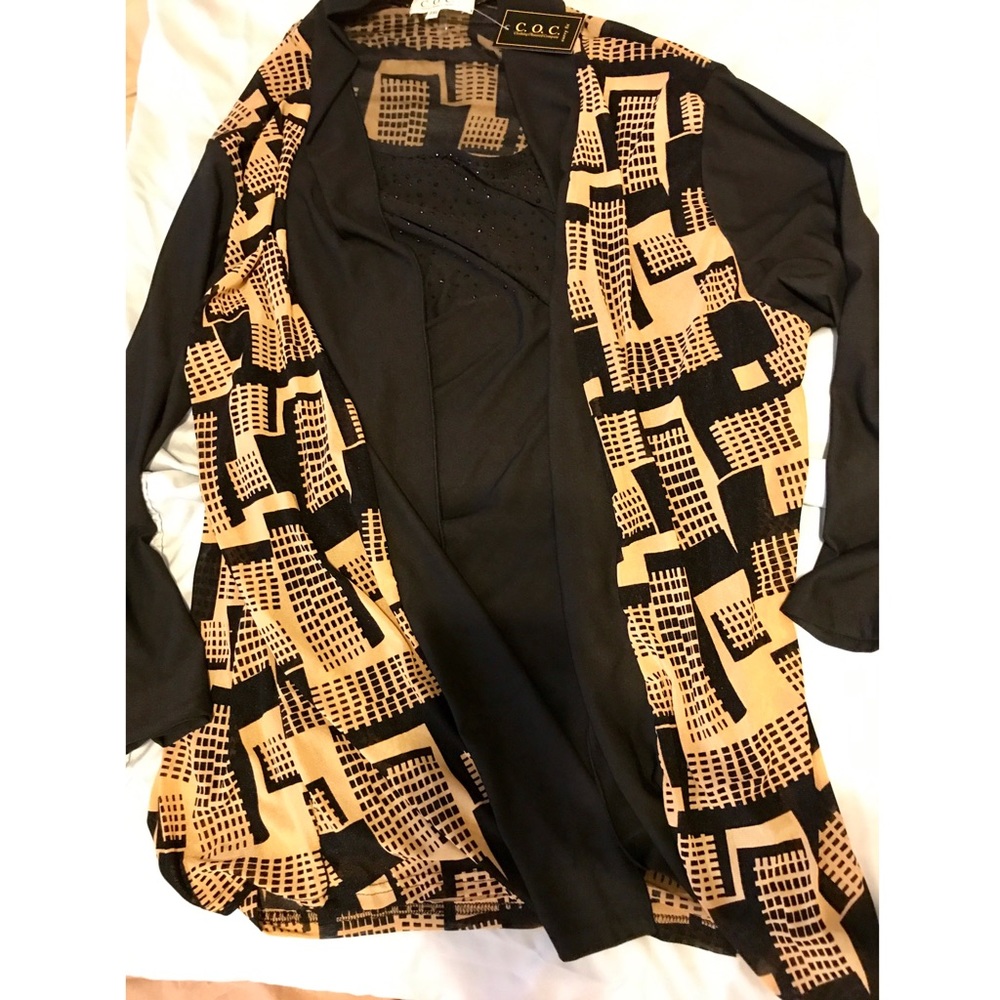 NWT Black/Tan-3/4 sleeves-Cardigan & attached tank