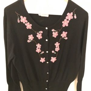 Black Silk Cardigan w/Beaded Cherry Blossoms