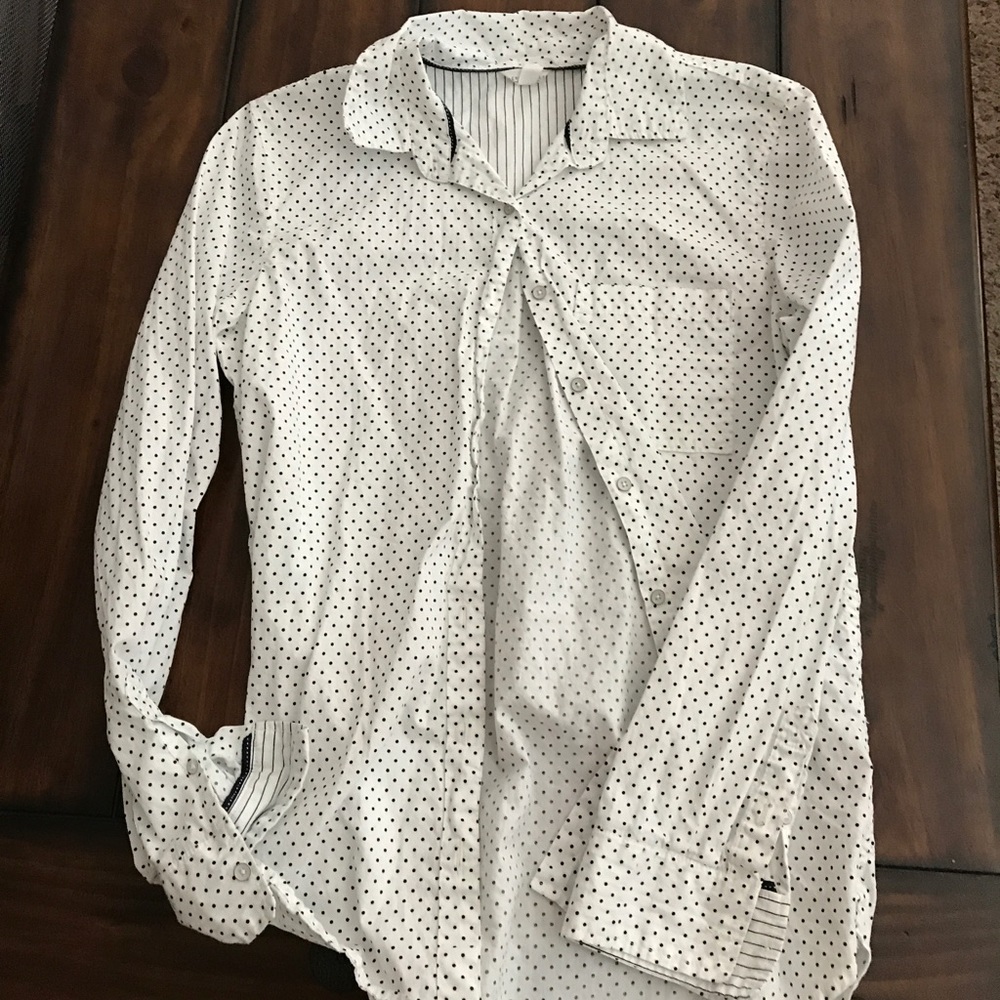 Navy polka dot striped button down