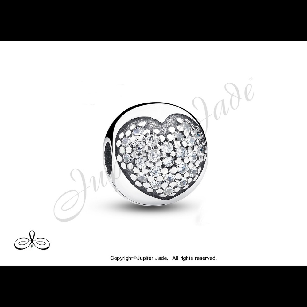 925 Sterling Silver Pave CZ Heart Bracelet Charm Clip - Pandora Style