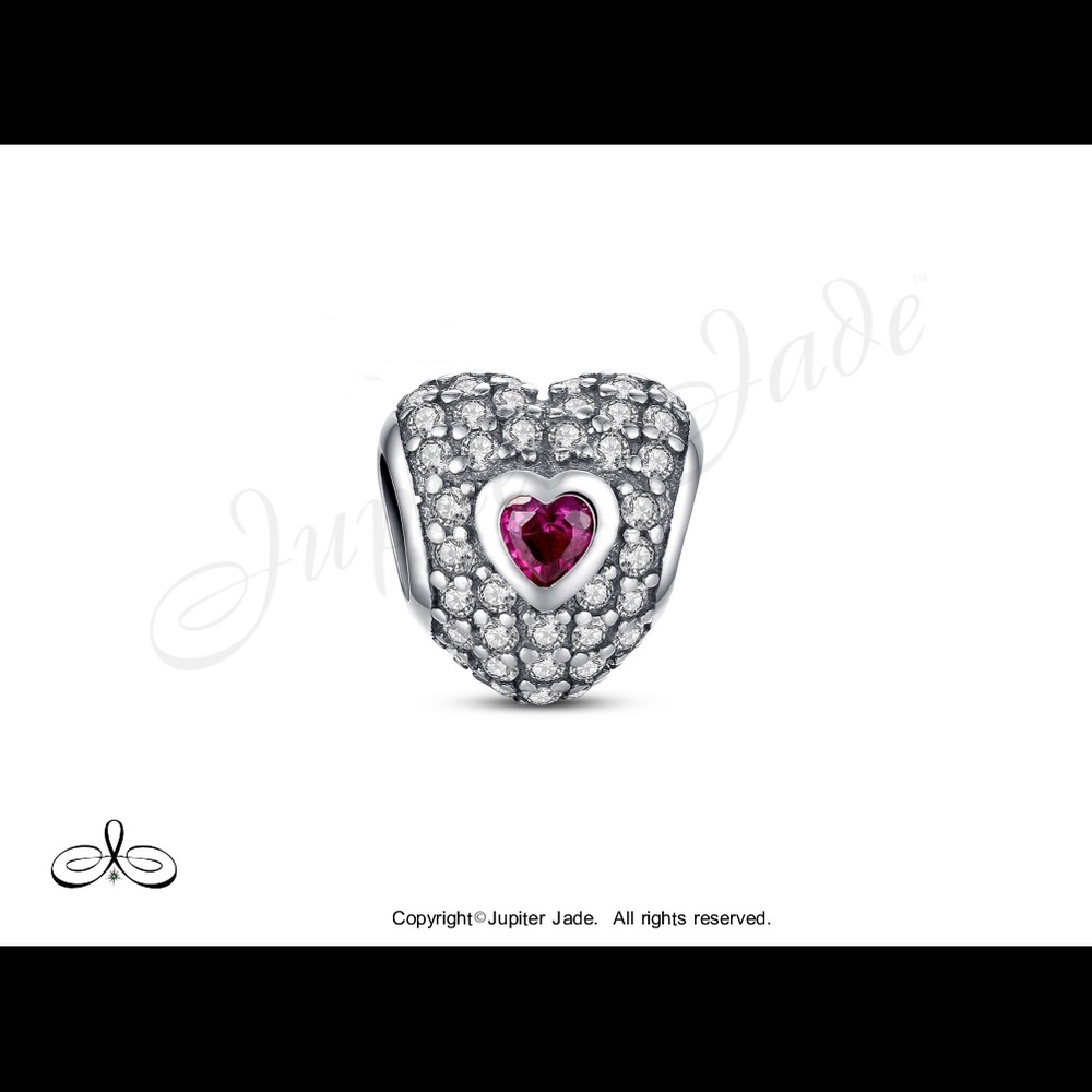 925 Sterling Silver Pave Red Cubic Zirconia Heart Bracelet Charm - Pandora Style