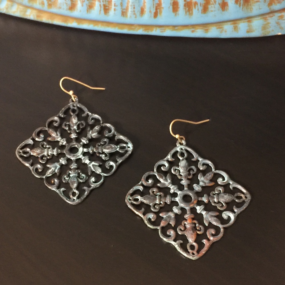 3/$20 - Patina rhombus Earrings 2.25"