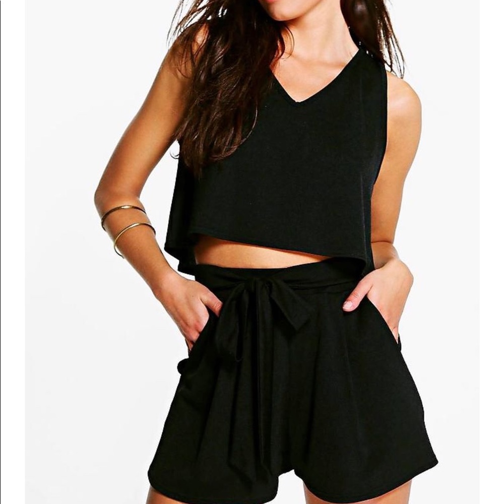 BooHoo Lola V Neck Top + Tie Shorts